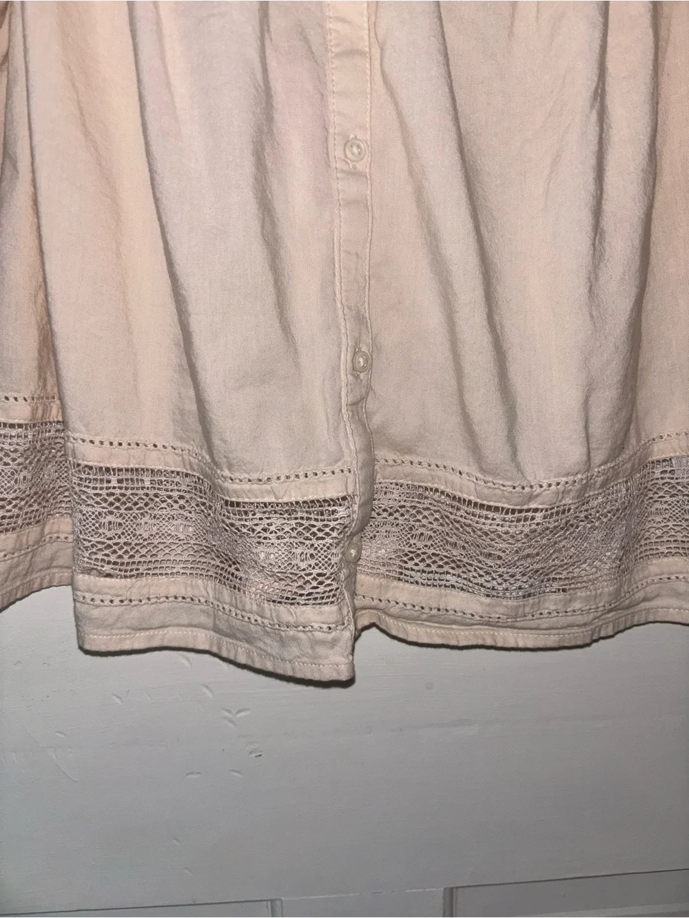 Women's Blush Pink Button-Front Peasant Top with Lace Trim